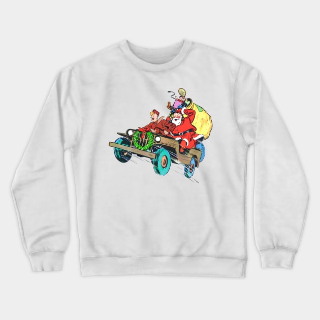 Retro Christmas Military truck at full speed with soldier carrying Santa Claus to deliver gift toys in Christmas fun Vintage Comic Book Crewneck Sweatshirt by REVISTANGO